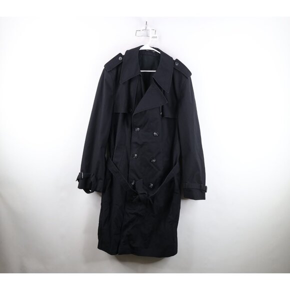 Vintage 70s Streetwear Mens 44R Distressed Belted Trench Coat Jacket Black - Picture 1 of 16